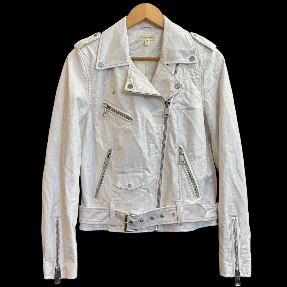 Anthropologie Silence + Noise Cream‎ Faux Leather Fully Lined Moto Jacket Sz M